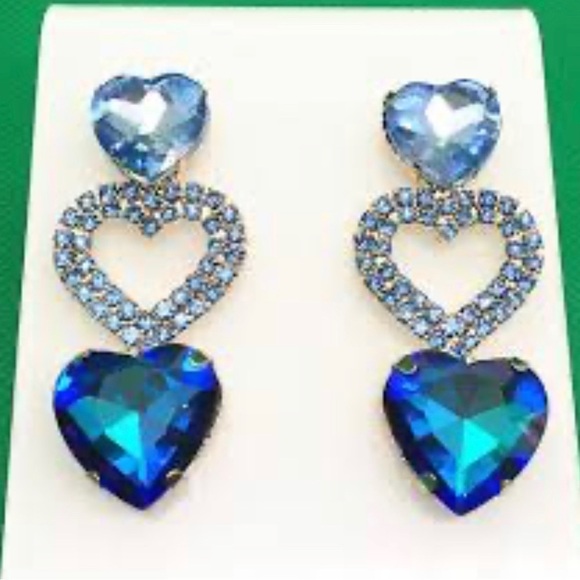 Romantic Blue Crystal Three Heart Drop Earrings - Picture 6 of 17